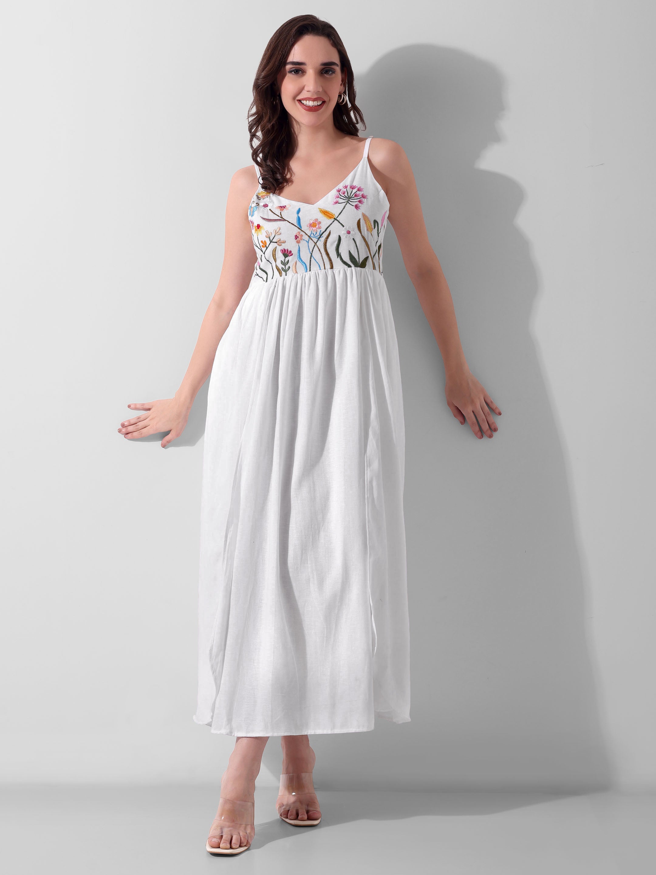 Petal Cascade Hand-Embroidered Cotton Ankle Dress