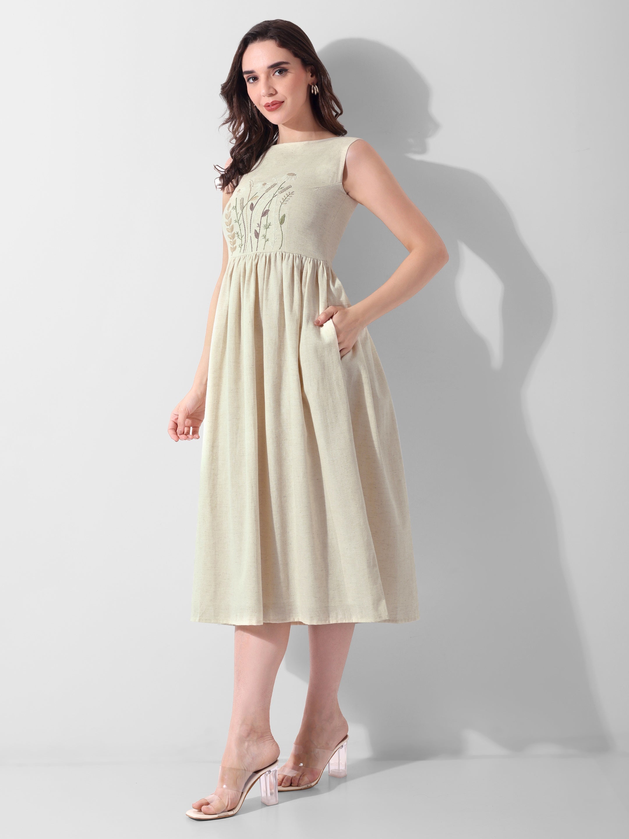Meadow Whisper Hand-Embroidered Cotton Midi Dress