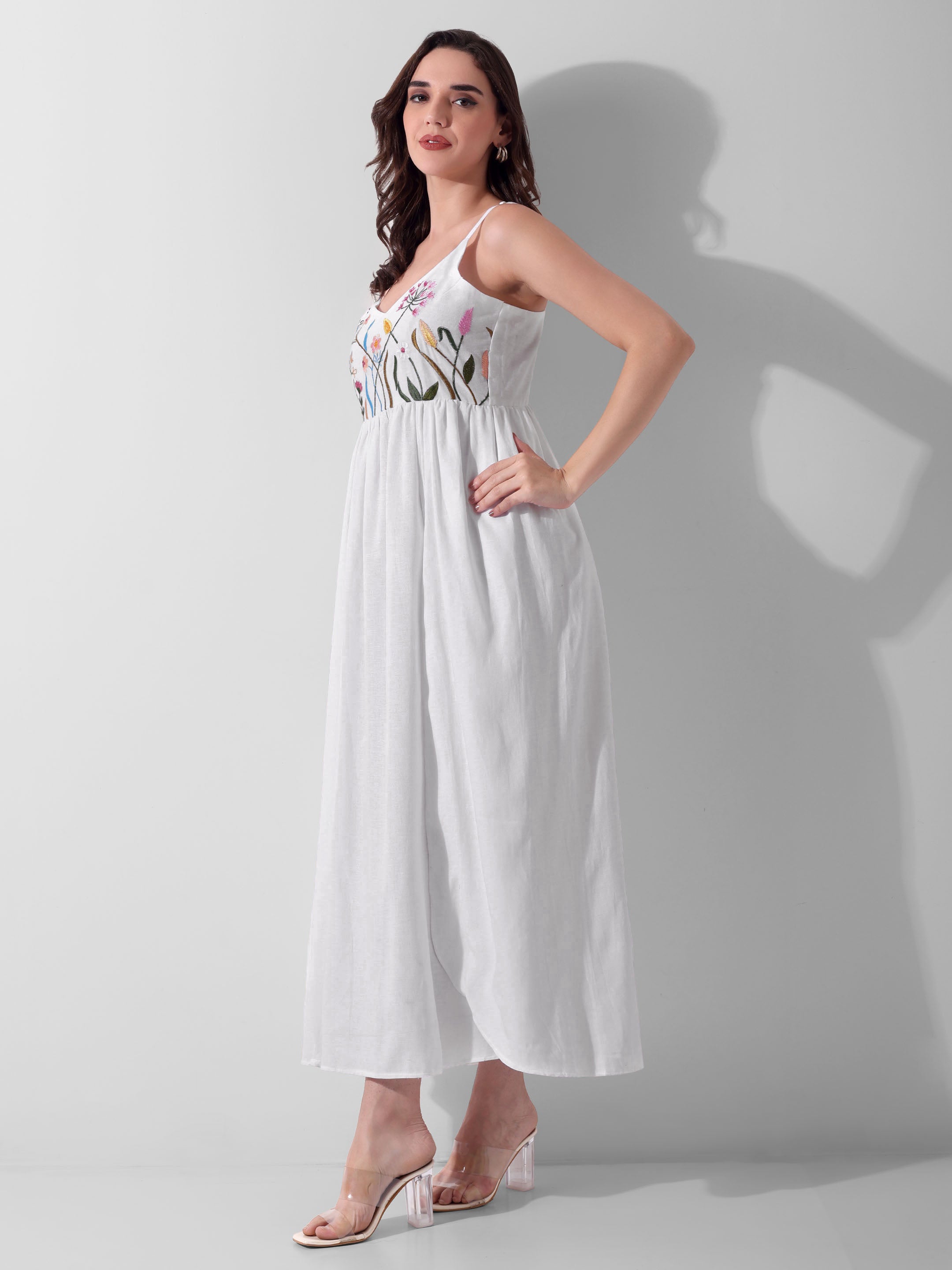 Petal Cascade Hand-Embroidered Cotton Ankle Dress