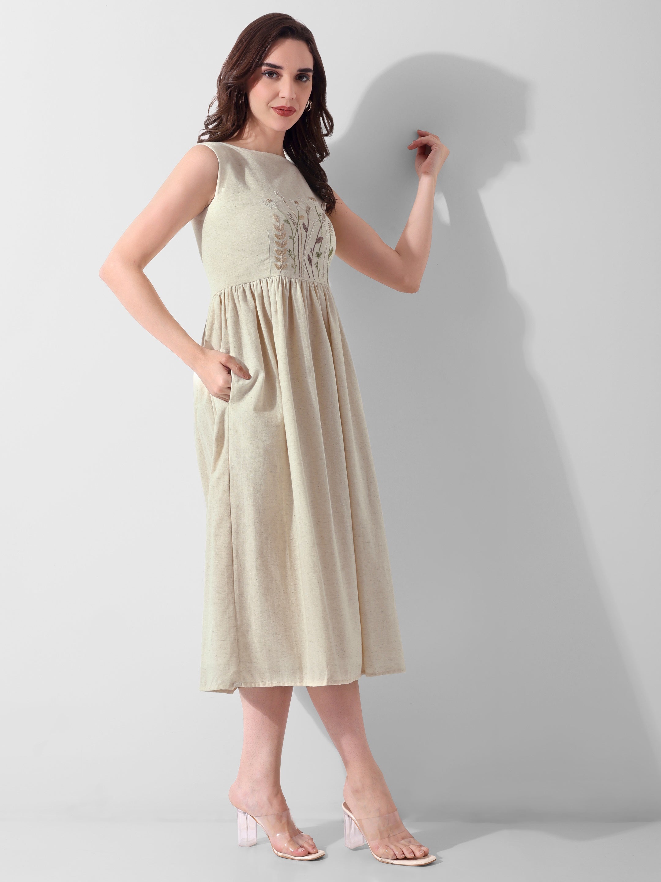 Meadow Whisper Hand-Embroidered Cotton Midi Dress