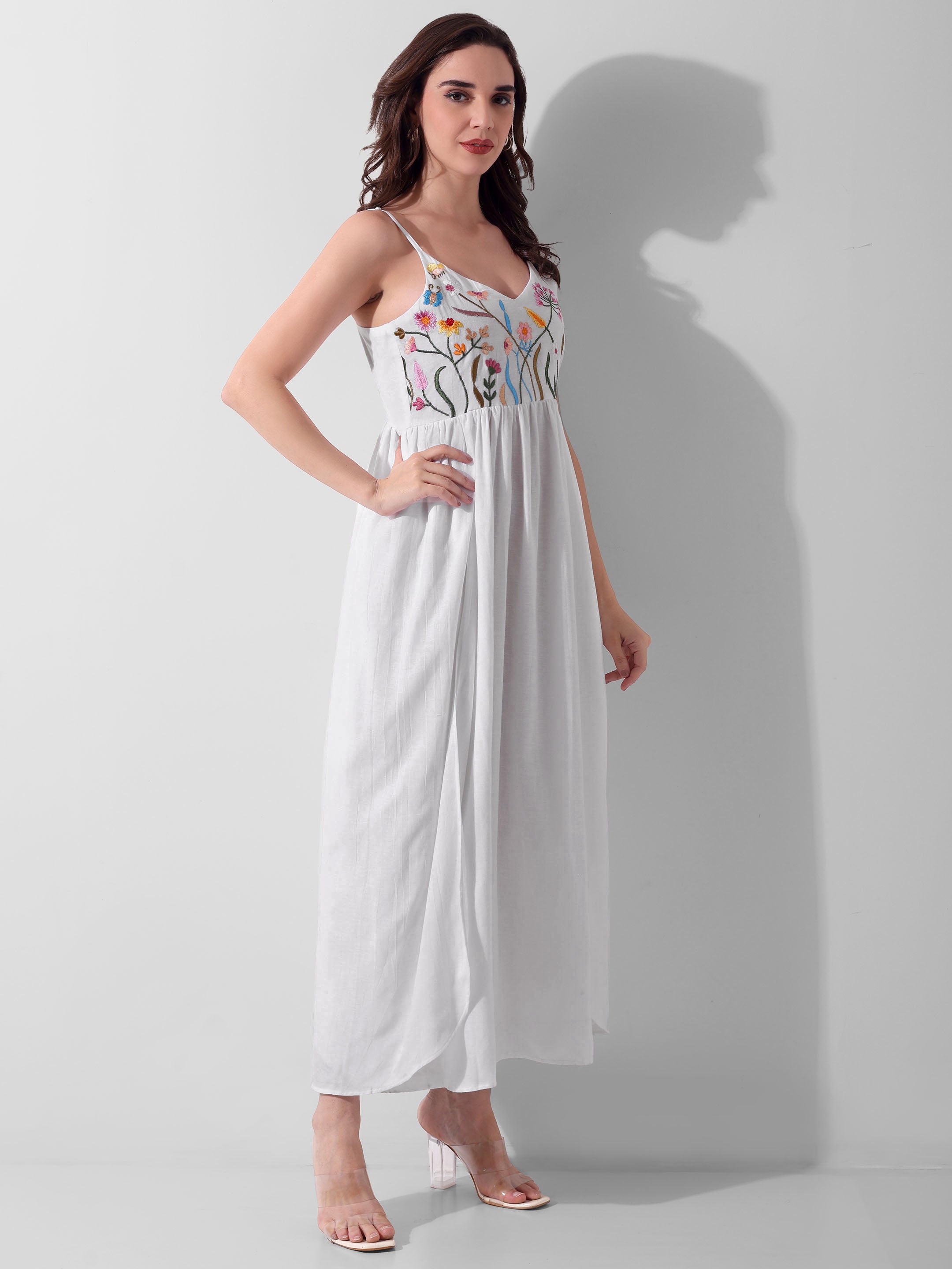 Petal Cascade Hand-Embroidered Cotton Ankle Dress