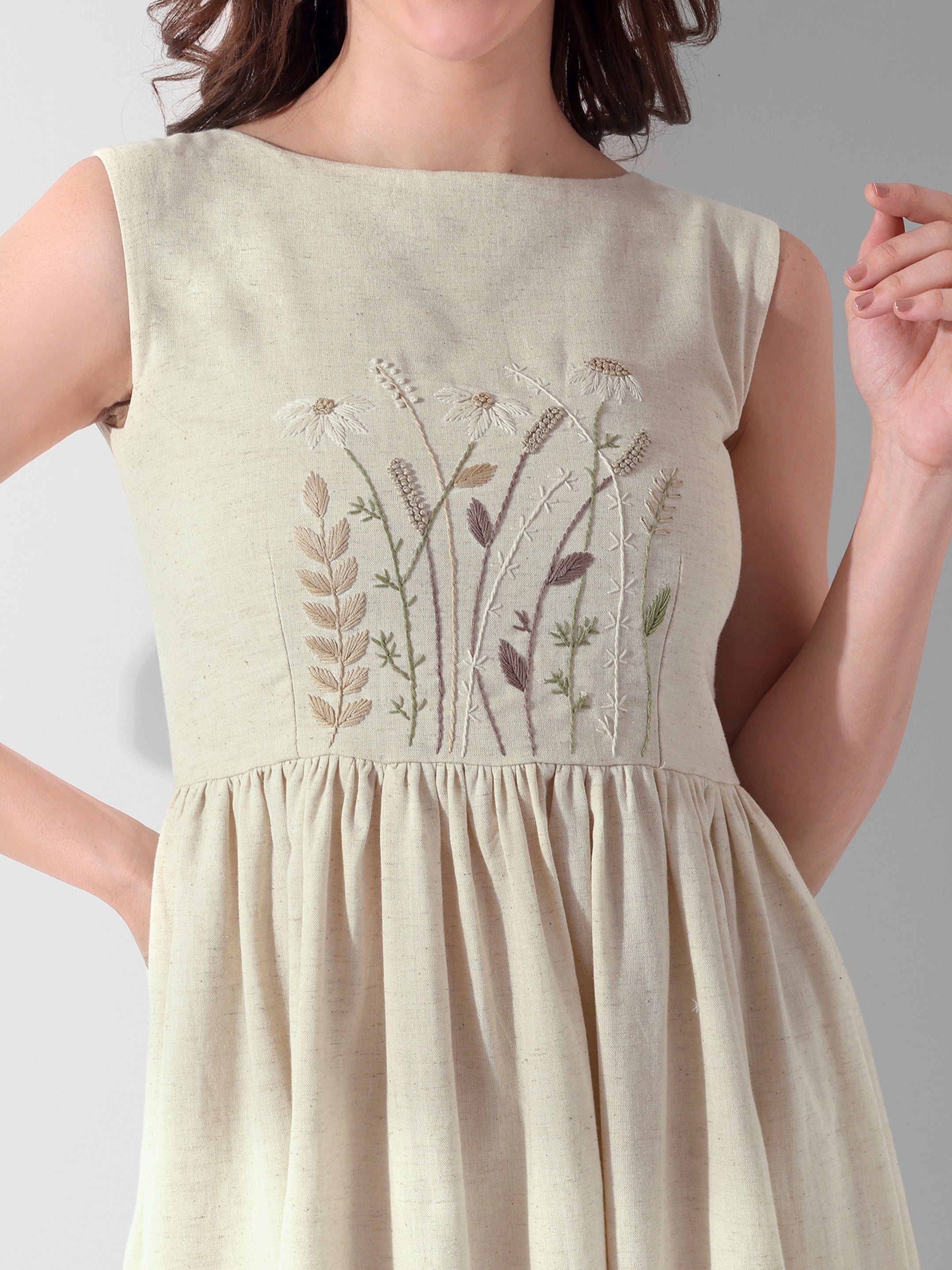 Meadow Whisper Hand-Embroidered Cotton Midi Dress