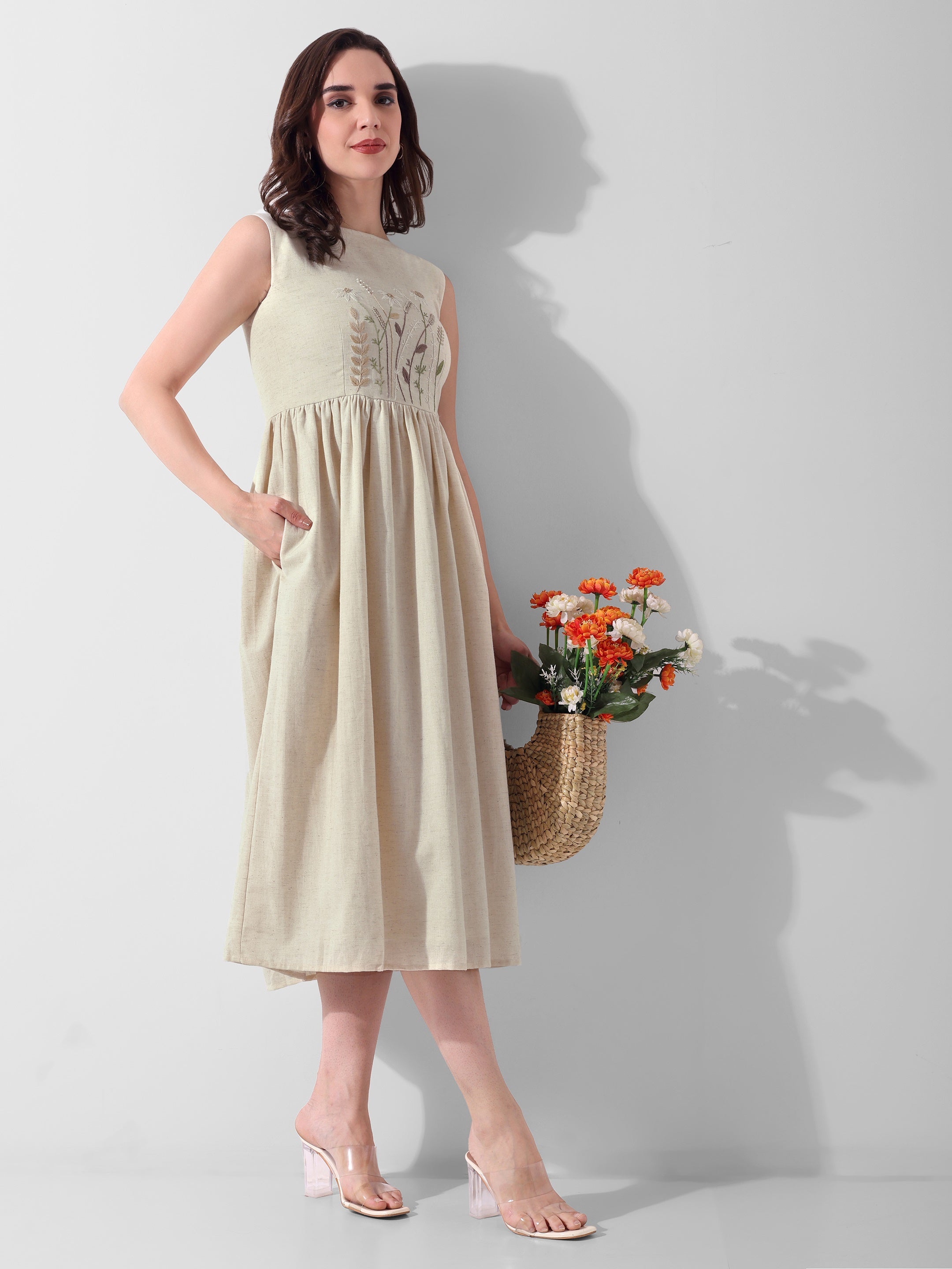 Meadow Whisper Hand-Embroidered Cotton Midi Dress