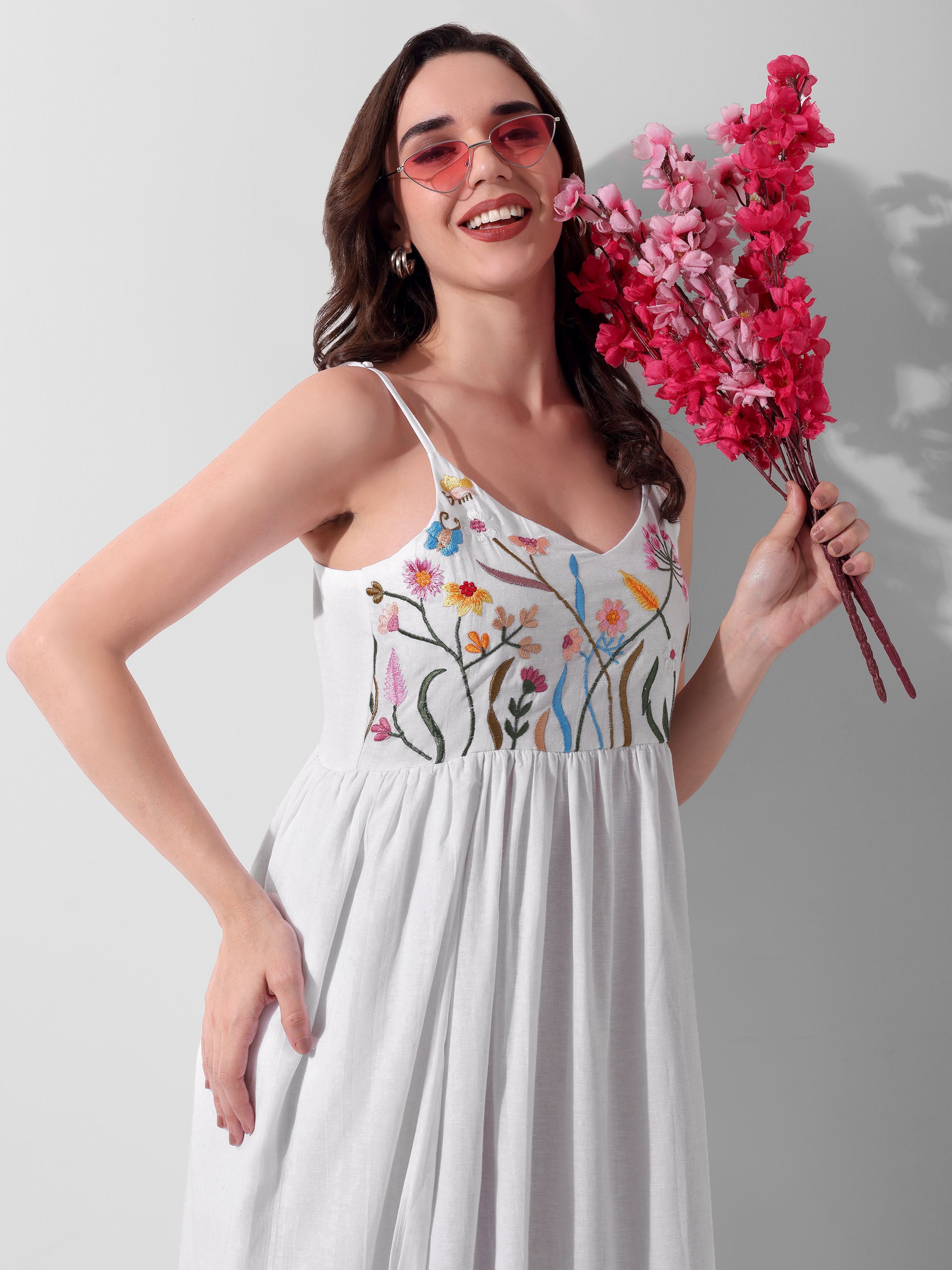 Petal Cascade Hand-Embroidered Cotton Ankle Dress