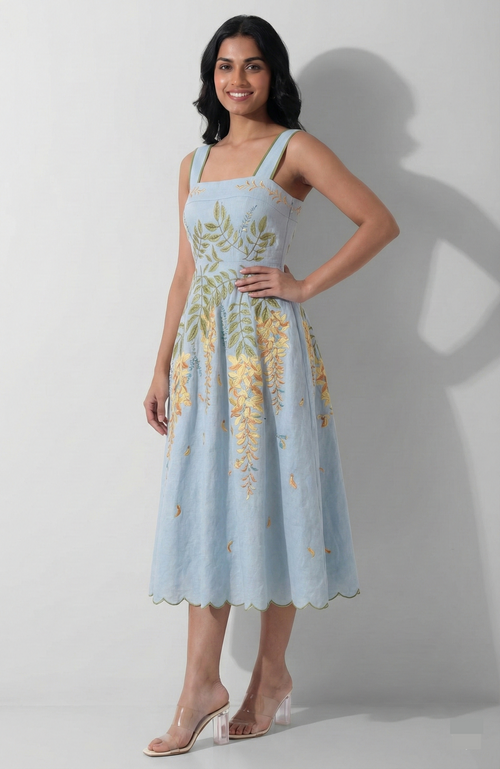 Azure Wisteria Embroidered Midi Dress